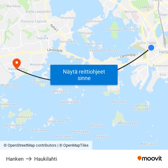 Hanken to Haukilahti map