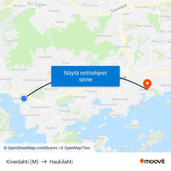 Kivenlahti (M) to Haukilahti map