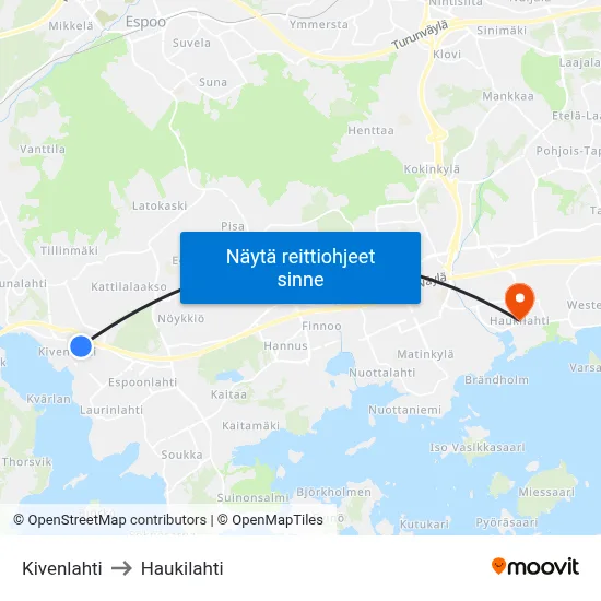 Kivenlahti to Haukilahti map
