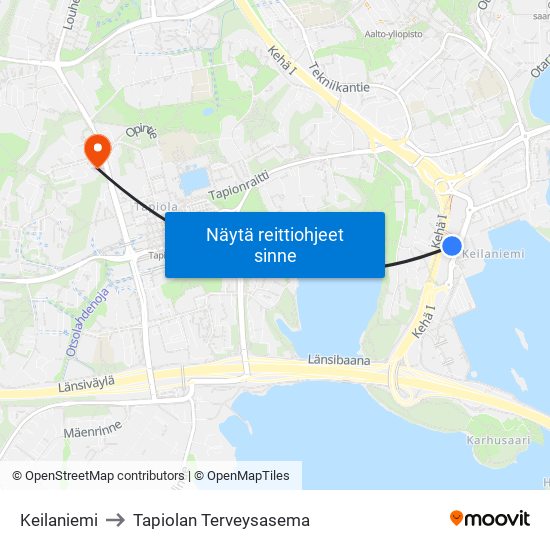 Keilaniemi to Tapiolan Terveysasema map
