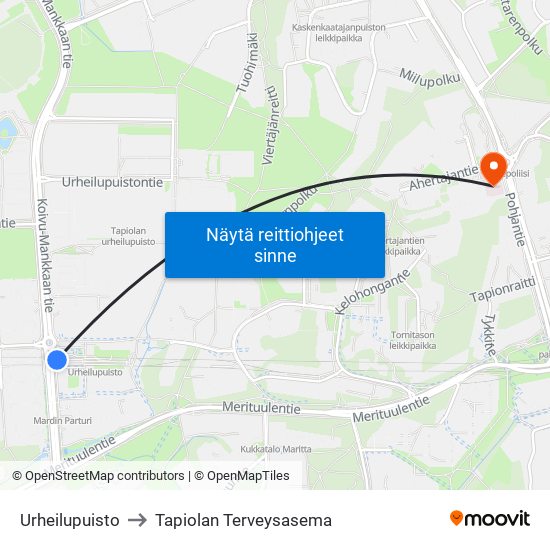 Urheilupuisto to Tapiolan Terveysasema map