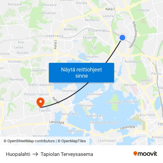 Huopalahti to Tapiolan Terveysasema map