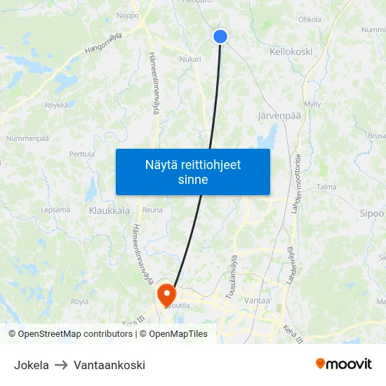 Jokela to Vantaankoski map
