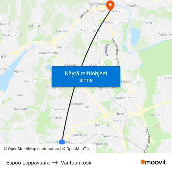 Espoo Leppävaara to Vantaankoski map