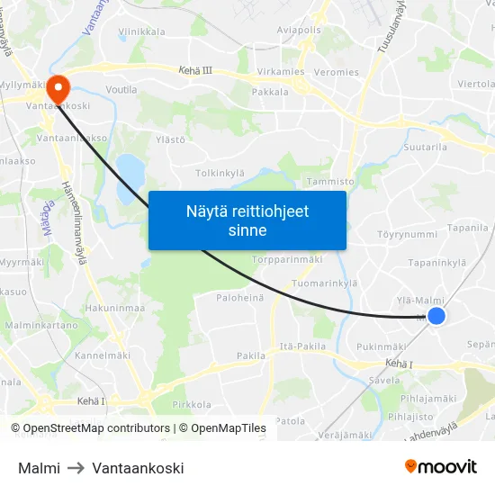 Malmi to Vantaankoski map