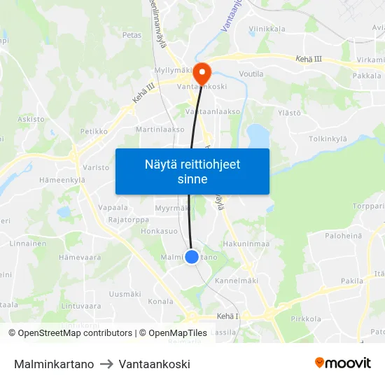 Malminkartano to Vantaankoski map
