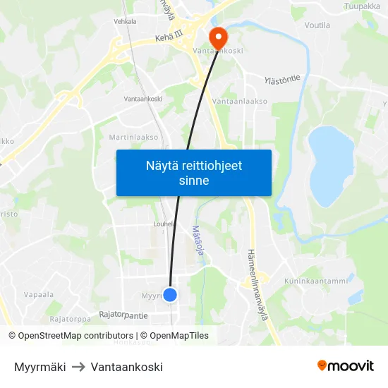 Myyrmäki to Vantaankoski map