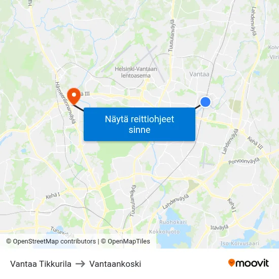 Vantaa Tikkurila to Vantaankoski map