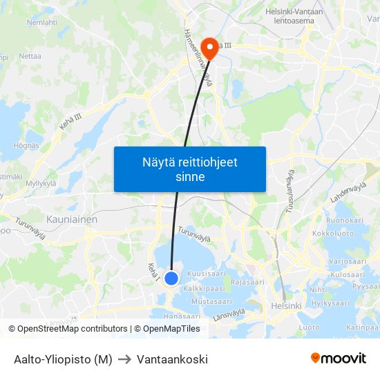 Aalto-Yliopisto (M) to Vantaankoski map