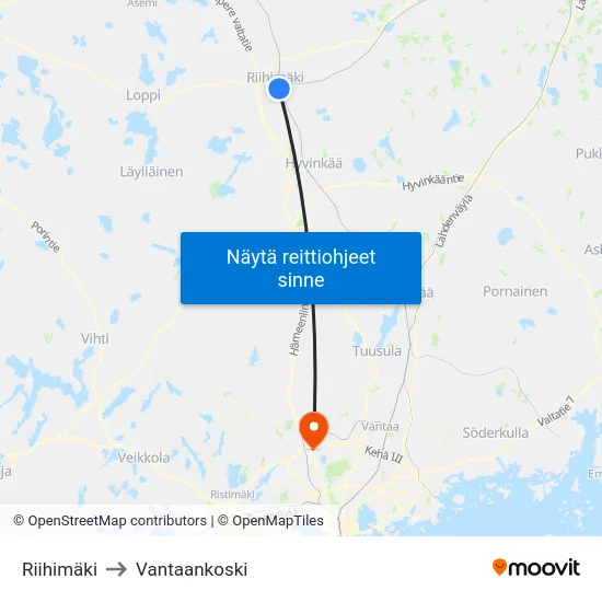 Riihimäki to Vantaankoski map