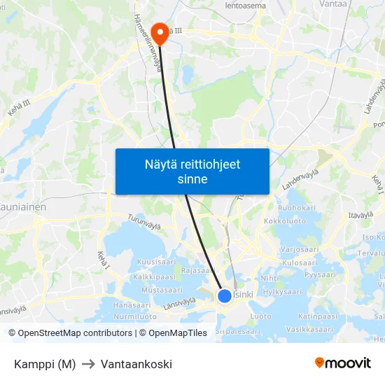 Kamppi (M) to Vantaankoski map