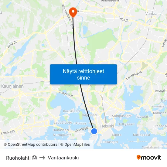 Ruoholahti Ⓜ️ to Vantaankoski map