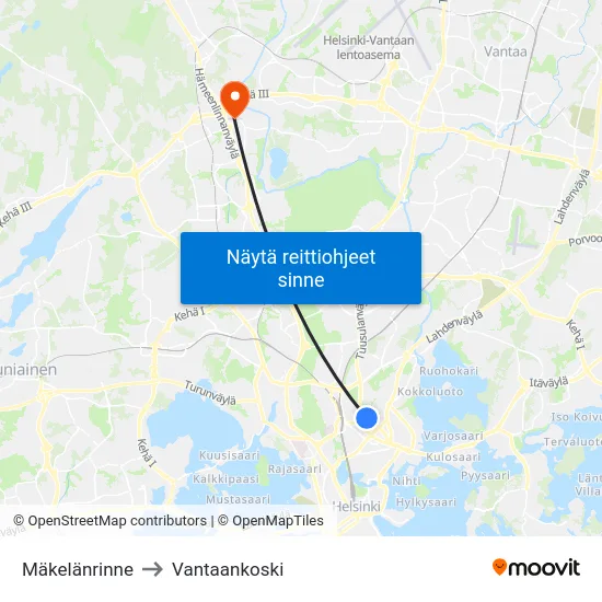 Mäkelänrinne to Vantaankoski map