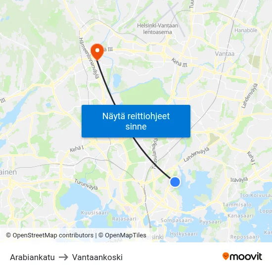 Arabiankatu to Vantaankoski map