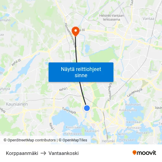 Korppaanmäki to Vantaankoski map