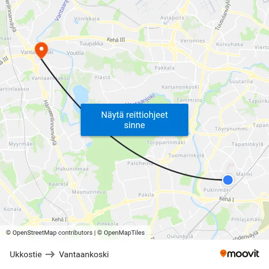 Ukkostie to Vantaankoski map