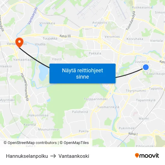 Hannukselanpolku to Vantaankoski map