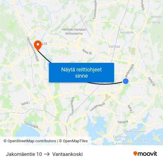 Jakomäentie 10 to Vantaankoski map