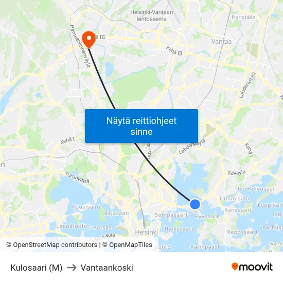 Kulosaari (M) to Vantaankoski map