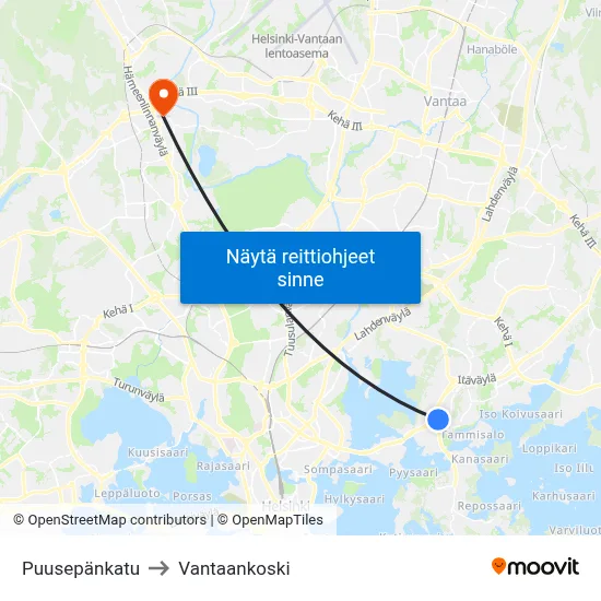 Puusepänkatu to Vantaankoski map