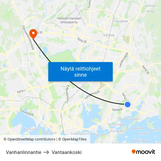 Vanhanlinnantie to Vantaankoski map