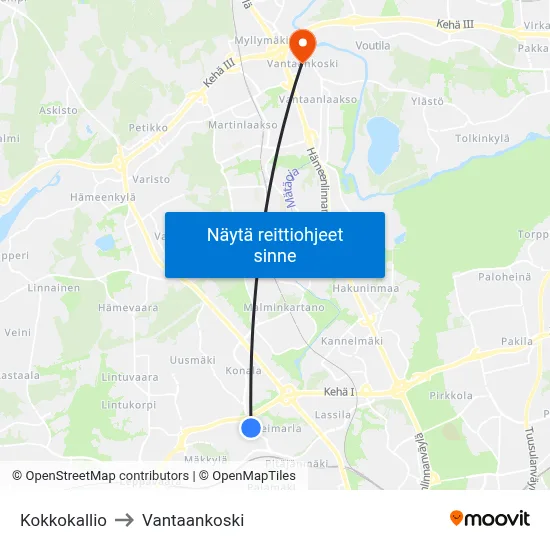 Kokkokallio to Vantaankoski map