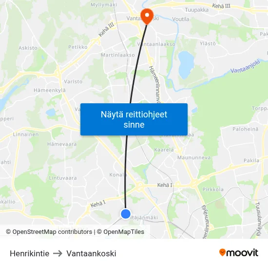 Henrikintie to Vantaankoski map