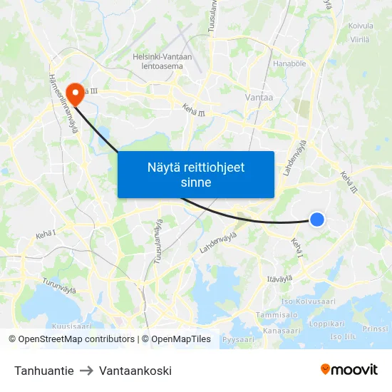 Tanhuantie to Vantaankoski map