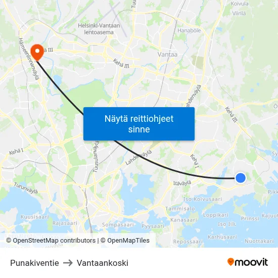 Punakiventie to Vantaankoski map