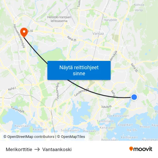 Merikorttitie to Vantaankoski map