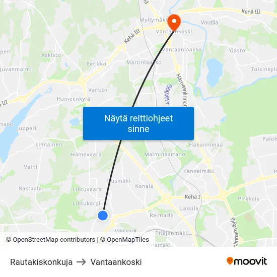 Rautakiskonkuja to Vantaankoski map