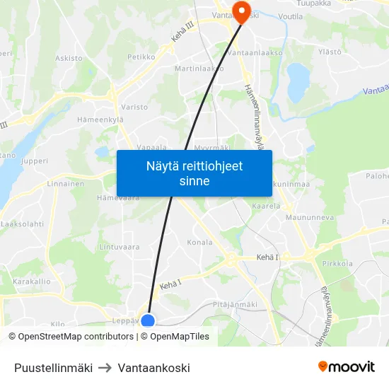 Puustellinmäki to Vantaankoski map