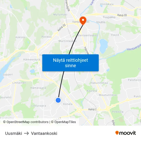 Uusmäki to Vantaankoski map
