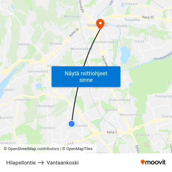 Hilapellontie to Vantaankoski map
