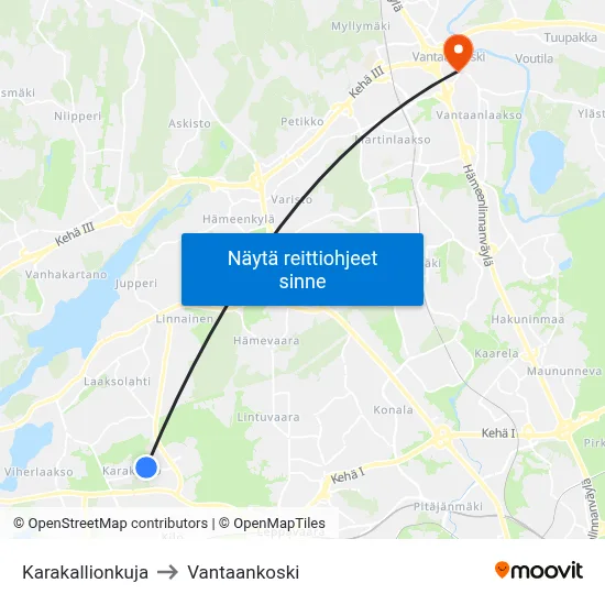 Karakallionkuja to Vantaankoski map
