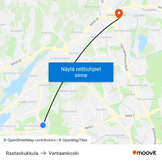 Rastaskukkula to Vantaankoski map