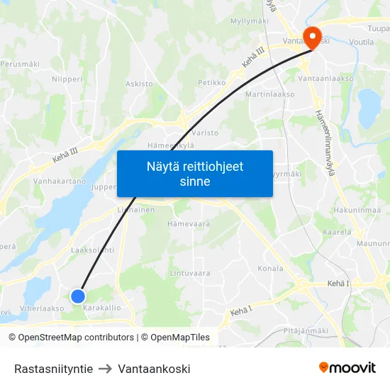 Rastasniityntie to Vantaankoski map