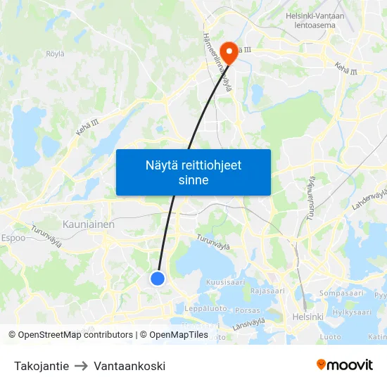 Takojantie to Vantaankoski map