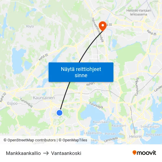 Mankkaankallio to Vantaankoski map
