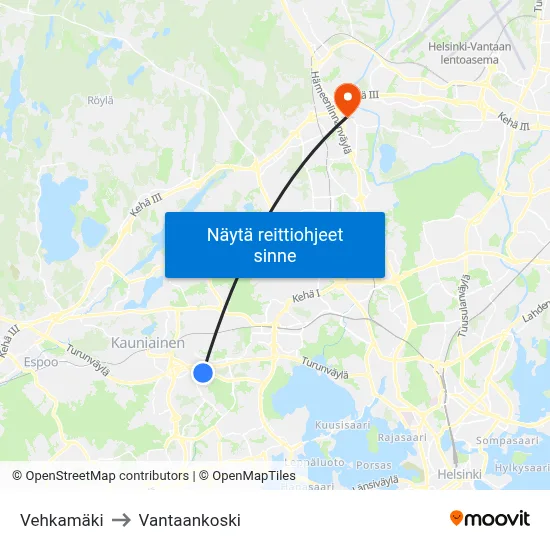 Vehkamäki to Vantaankoski map