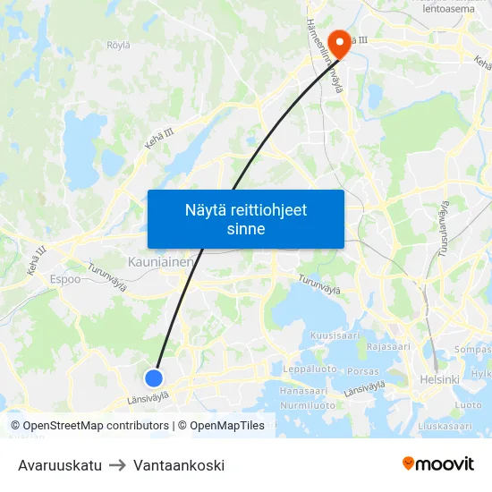 Avaruuskatu to Vantaankoski map