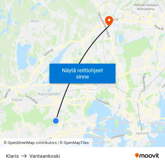 Klaris to Vantaankoski map