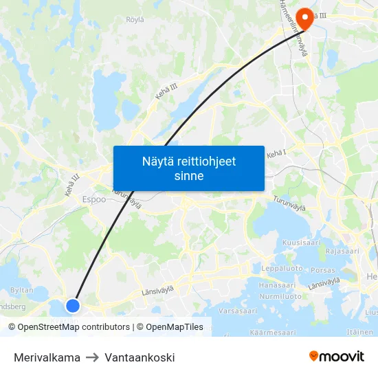 Merivalkama to Vantaankoski map