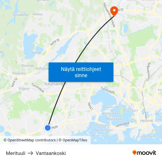 Merituuli to Vantaankoski map