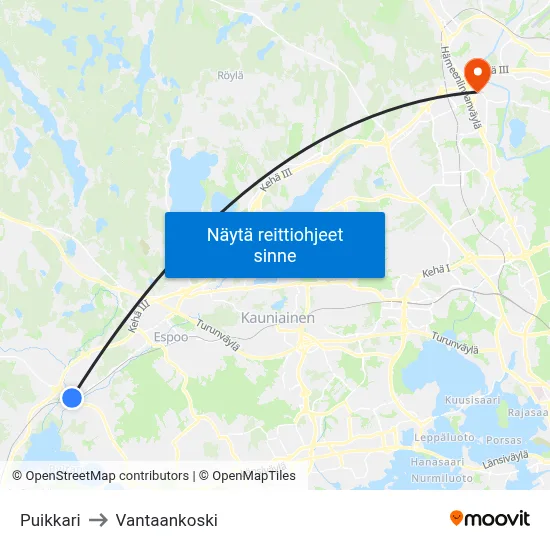 Puikkari to Vantaankoski map