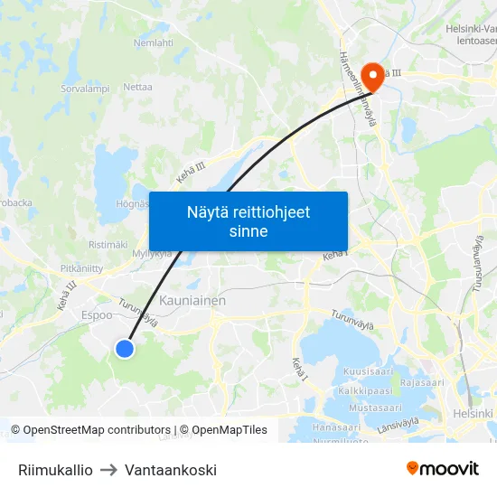 Riimukallio to Vantaankoski map