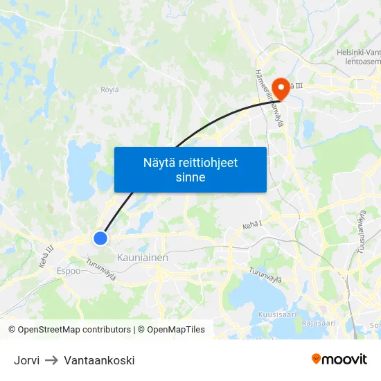 Jorvi to Vantaankoski map
