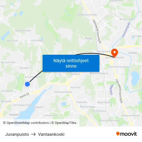 Juvanpuisto to Vantaankoski map