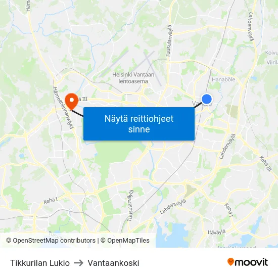 Tikkurilan Lukio to Vantaankoski map