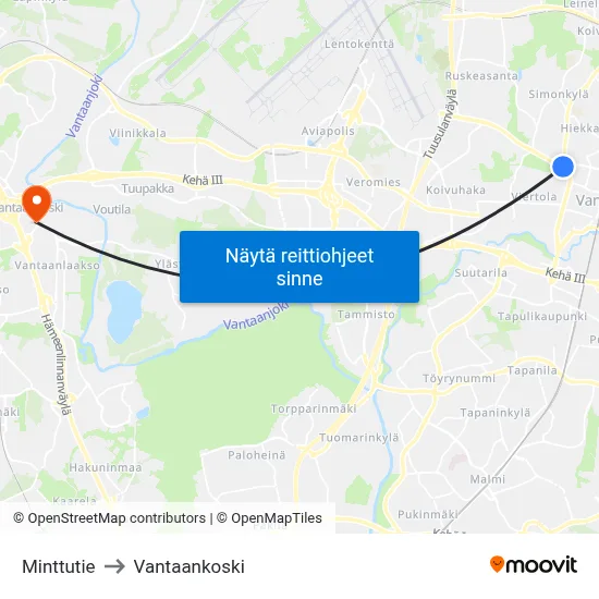 Minttutie to Vantaankoski map